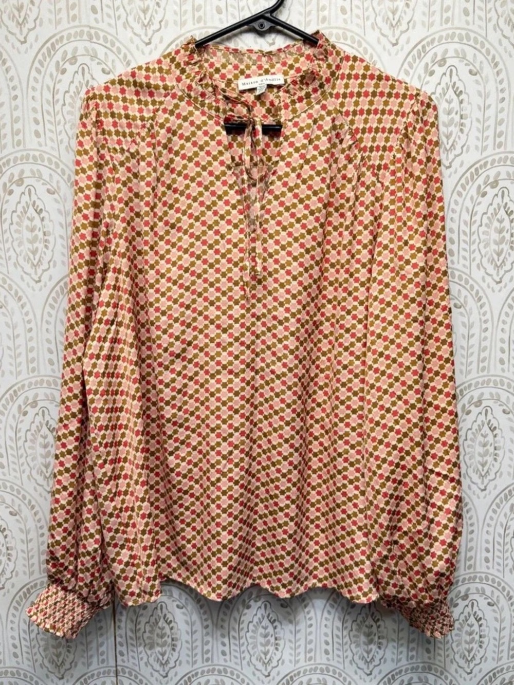 Maison Jules Pink & Cream Geometric Tie-Neck Blouse